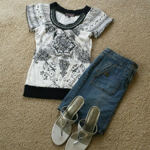 Beaded neck, short sleeve, neutral tones top